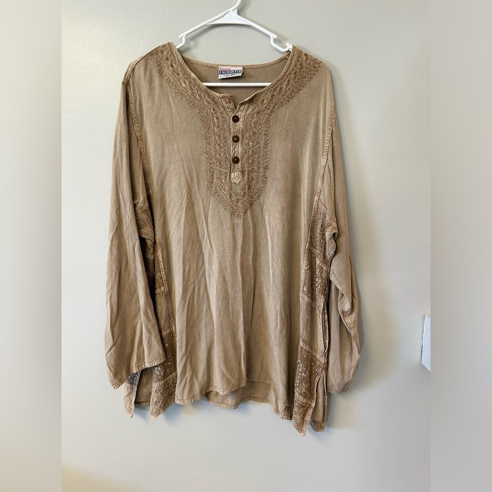 Encounter embroidered neck and side panels distressed long sleeve blouse